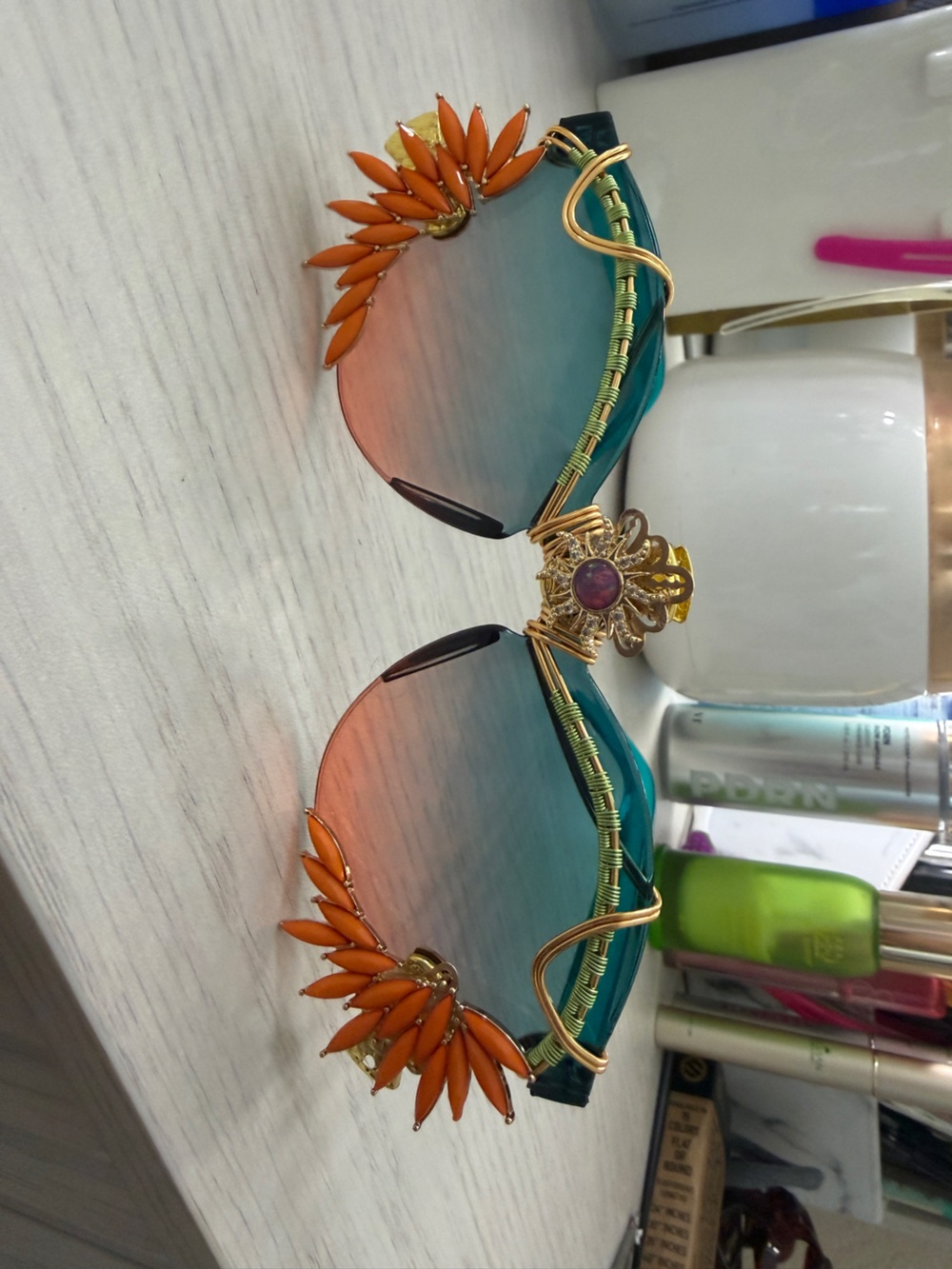 Women's Gradient Teal and Coral Sunglasses with Gold Filigree Accent